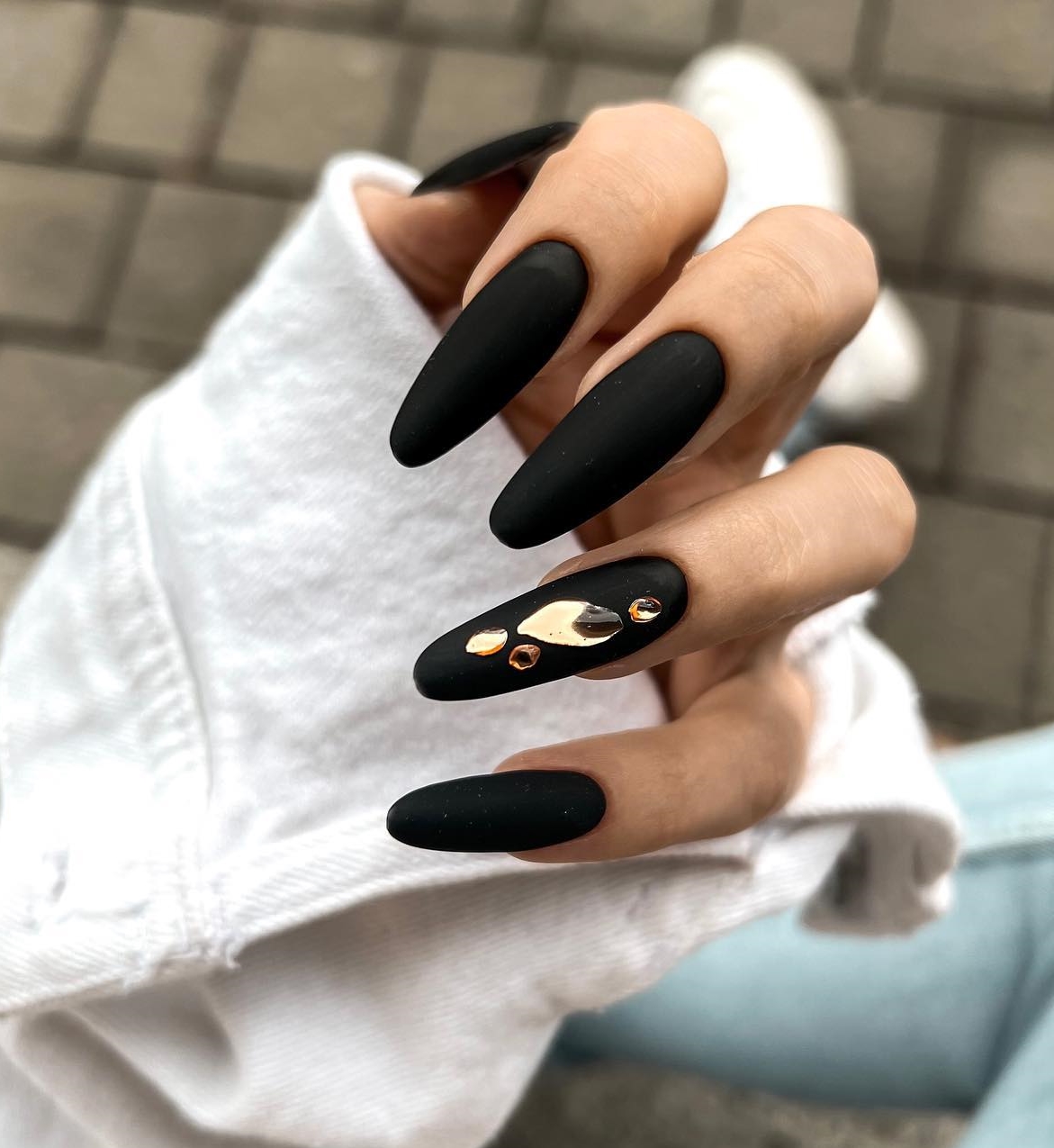 Long Black Matte Nails with Rhinestones