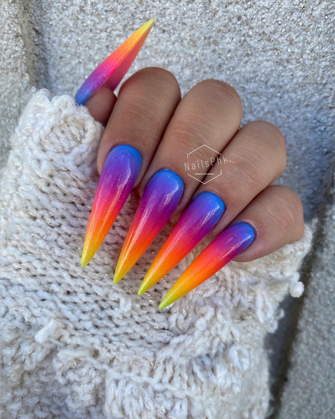 Long Blue-to-Yellow Ombre Stiletto Nails