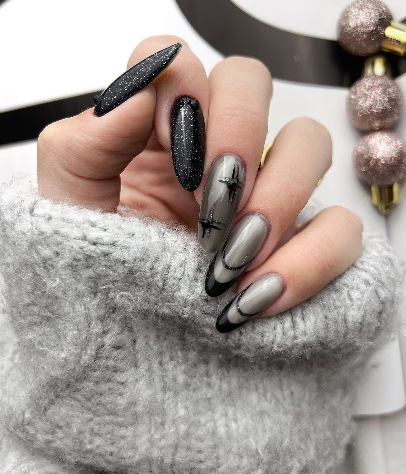 Long Grey Nails with Black Tips and Star Design