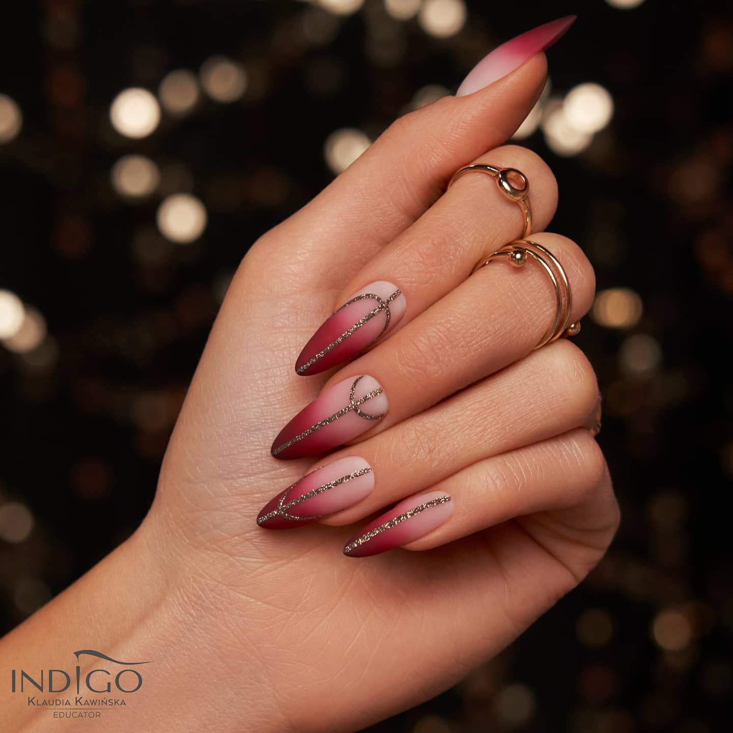 Long Ombre Burgundy Nails with Glitter Lines