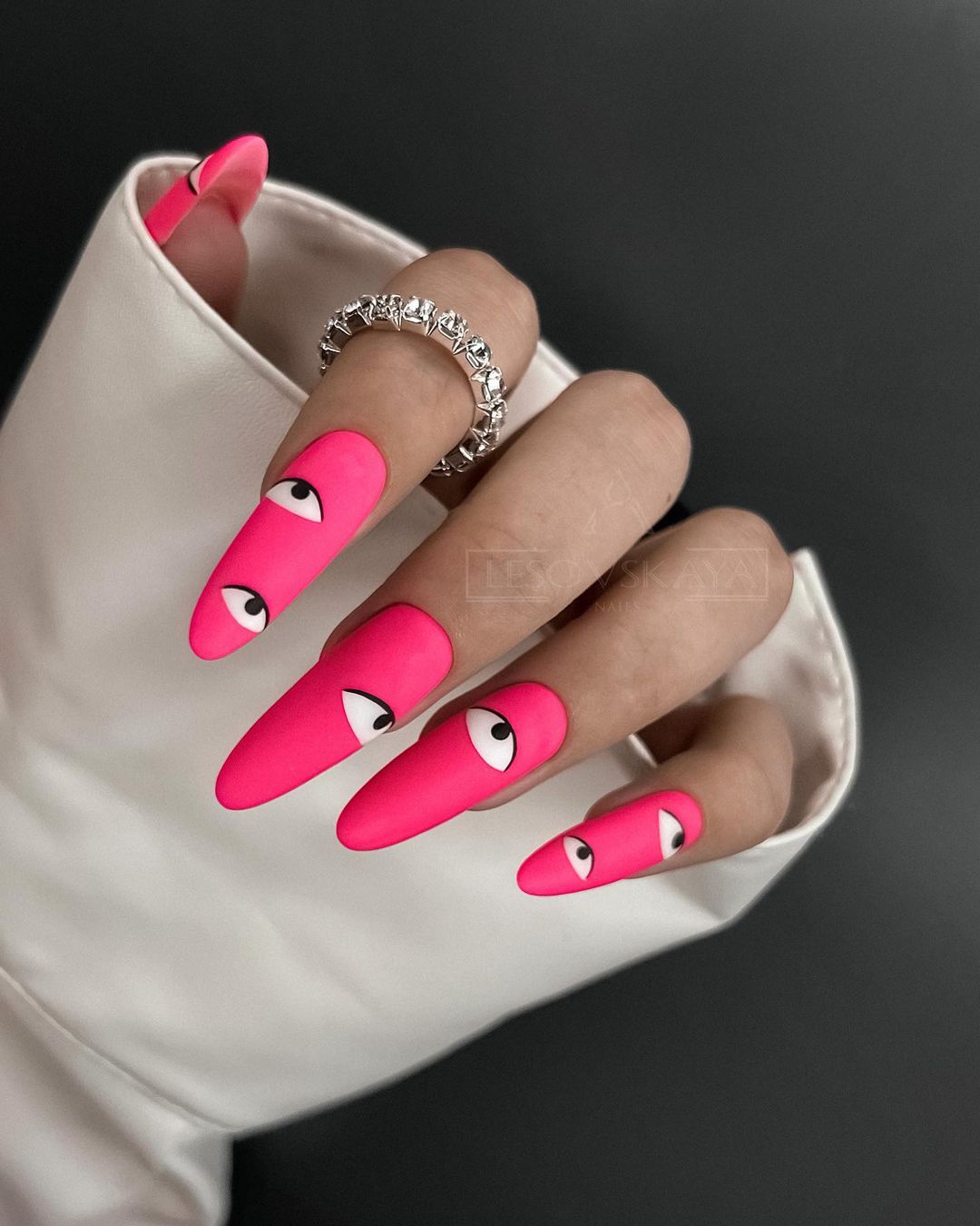 Long Pink Matte Neon Nails