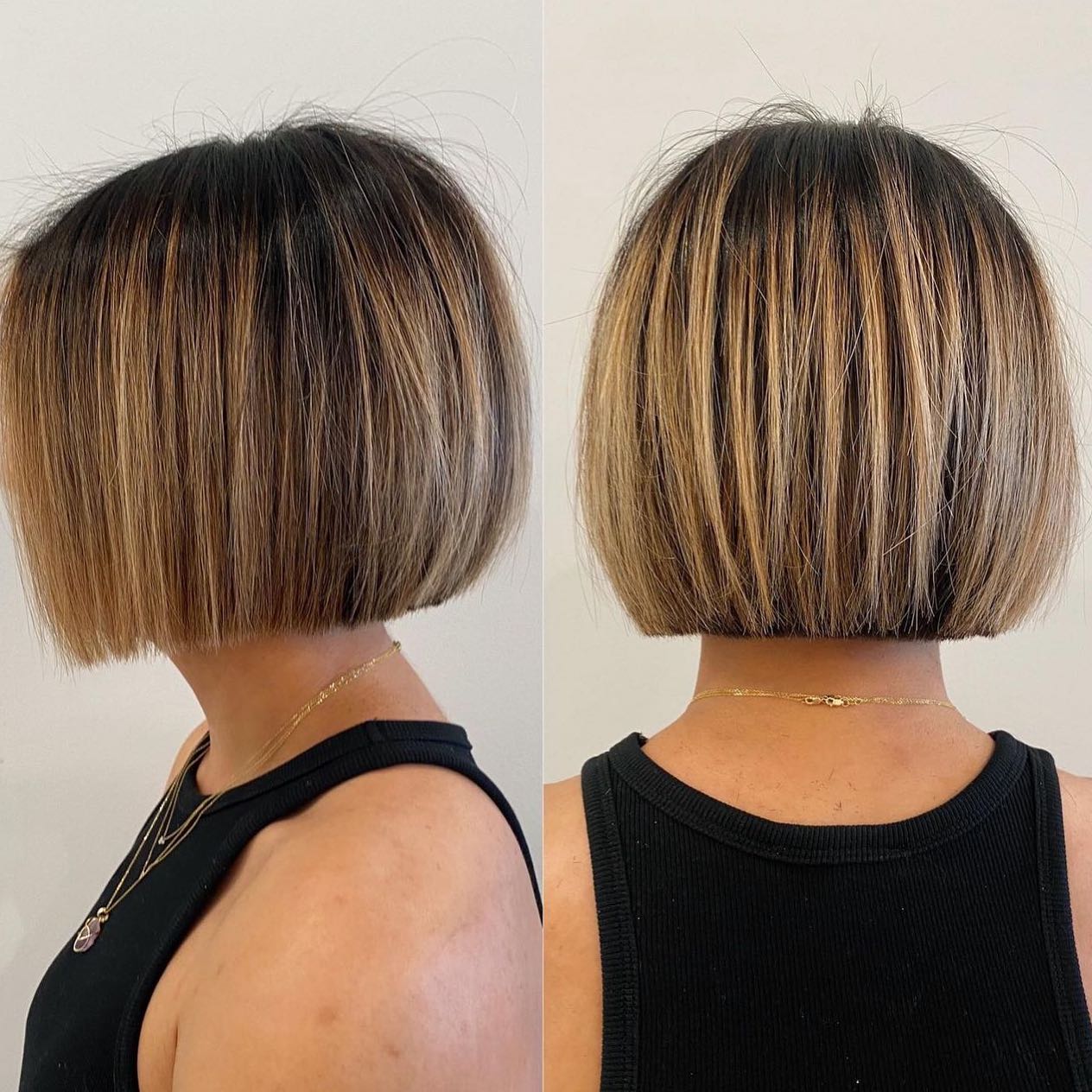 Mini French Bob Cut on Dark Hair with Blonde Highlights