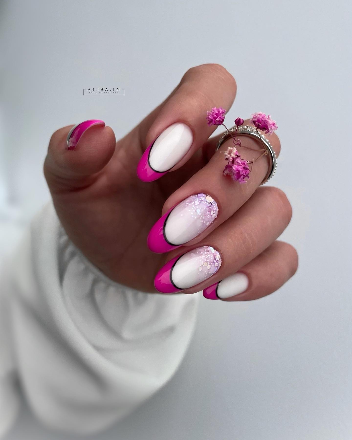 Oval White Nails with Pink Tips and Glitter