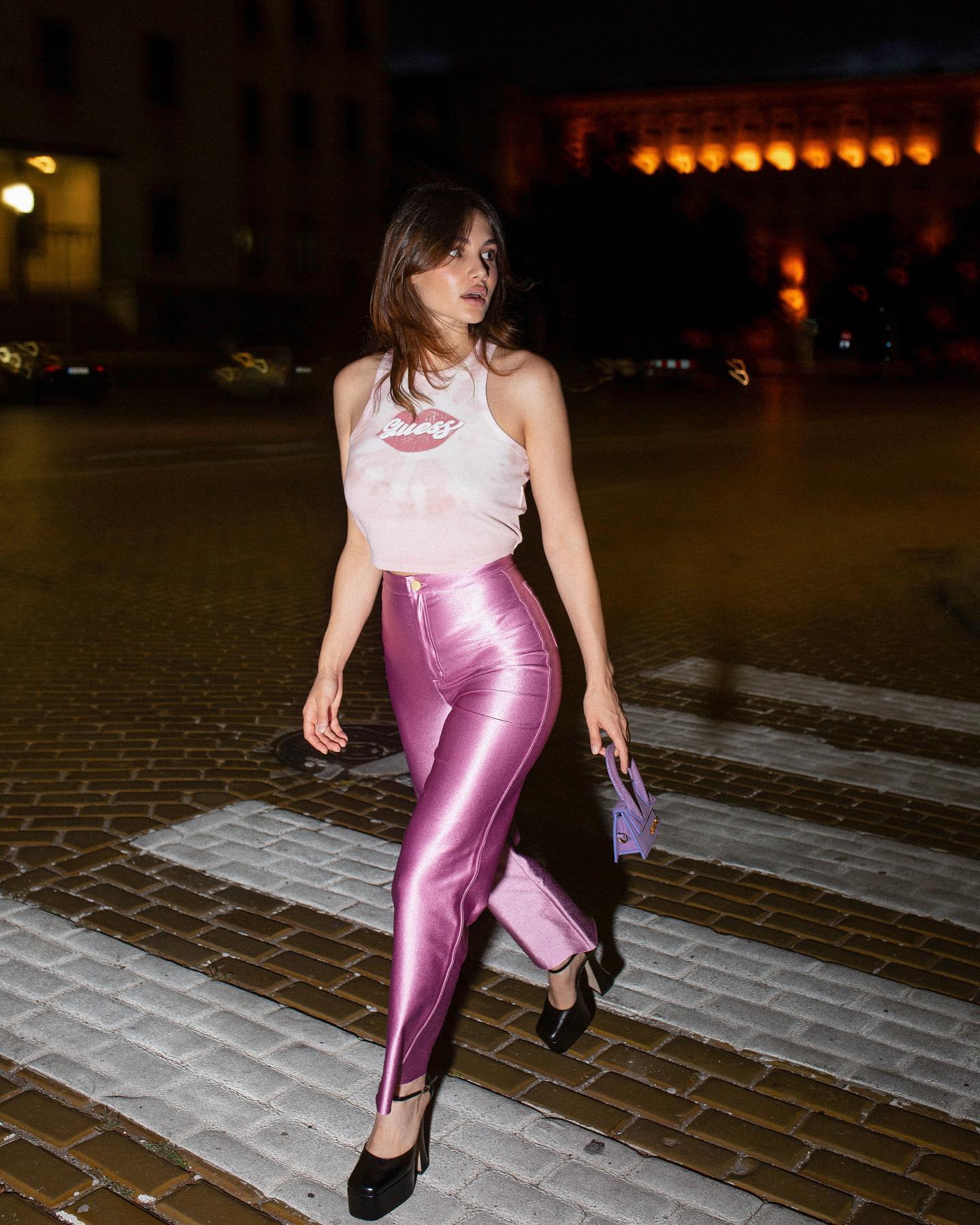 Shiny Pink Trousers with T-Shirt
