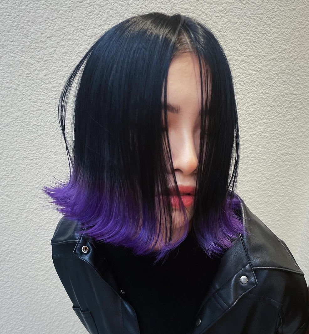 Short Black Hair with Purple Ends