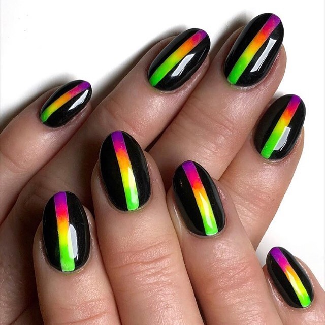 Short Black Nails with Rainbow Neon Design