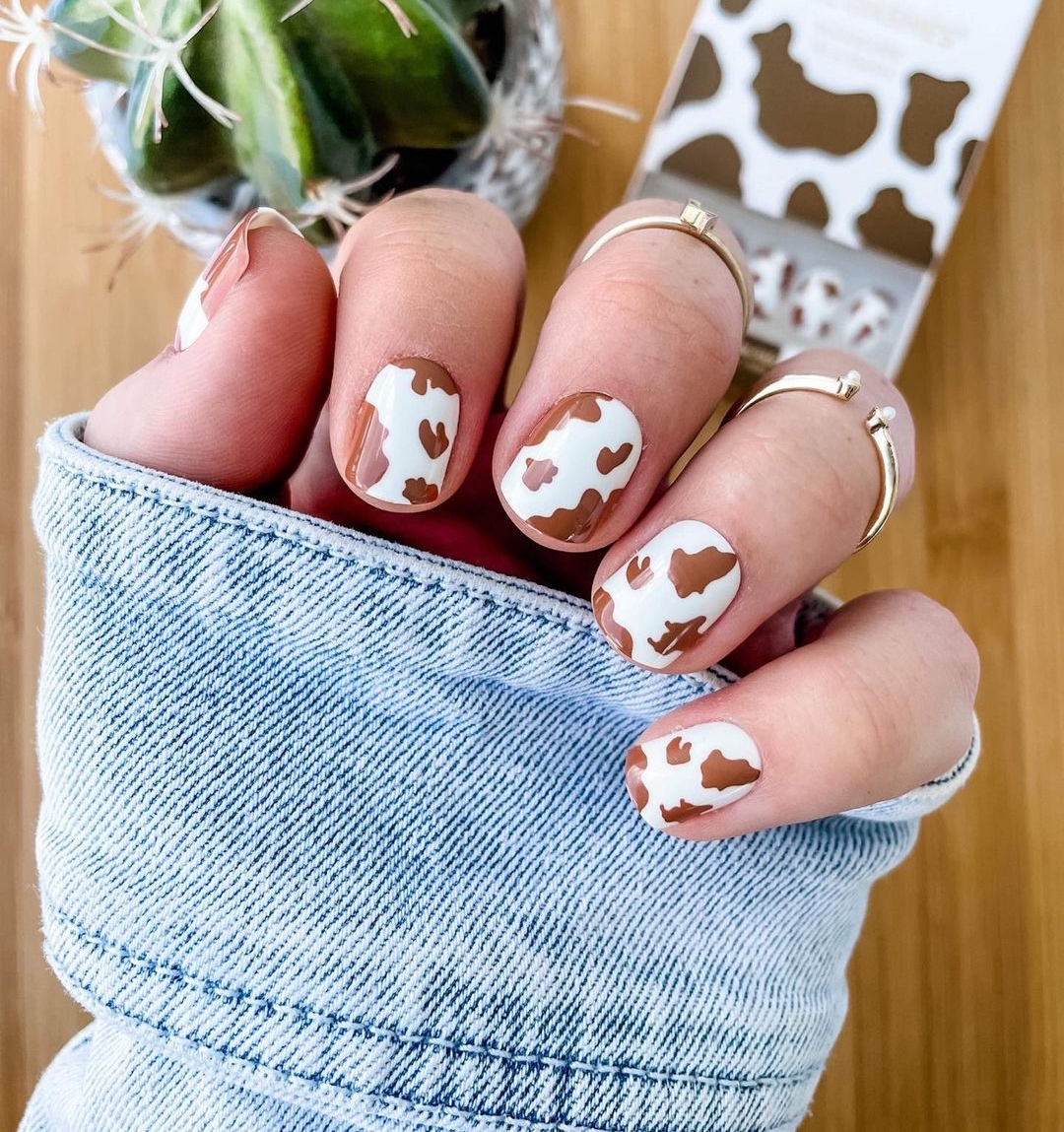 Short Nails with Brown Cow Print Nail Design