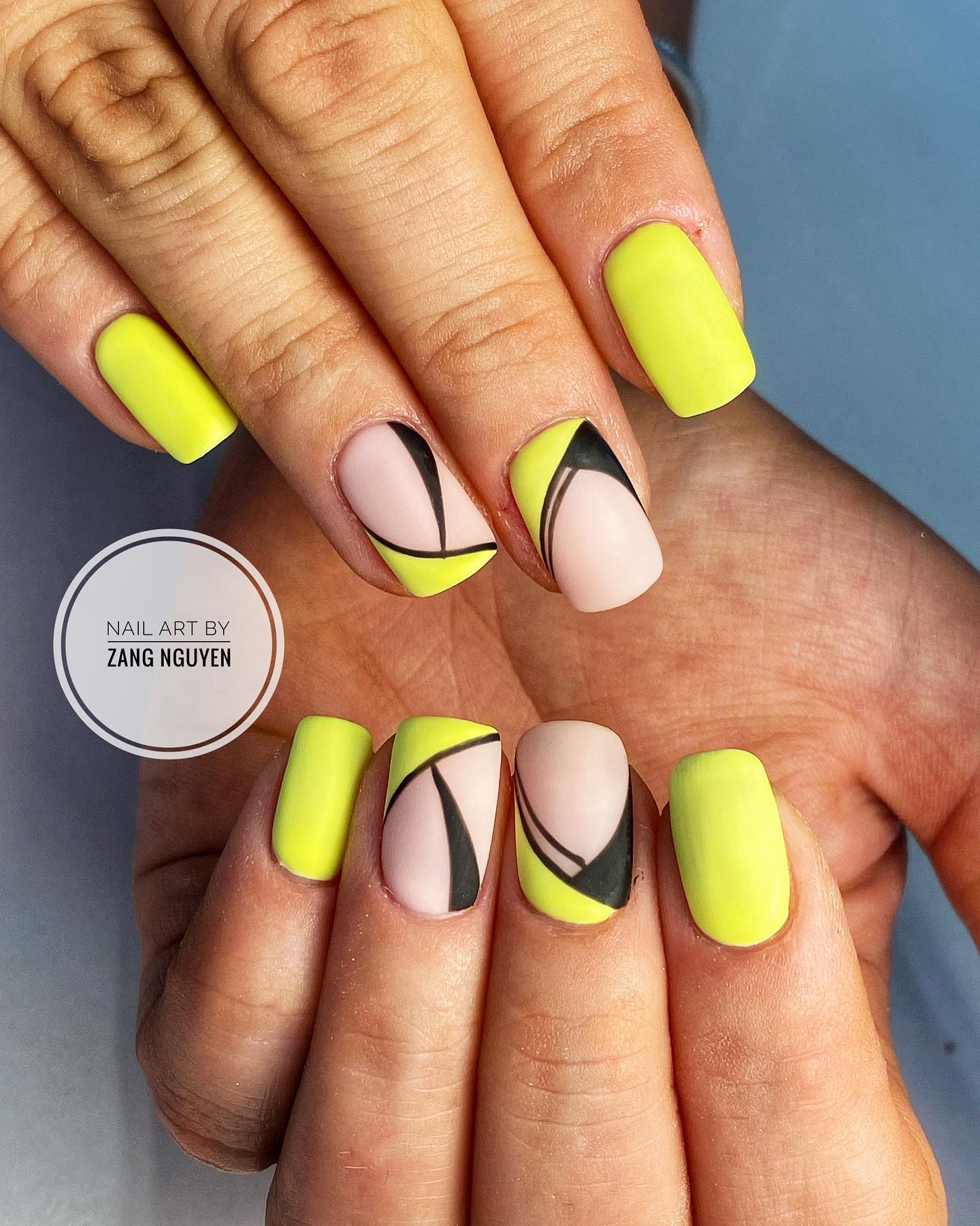 Short Square Yellow and Black Geometric Nails