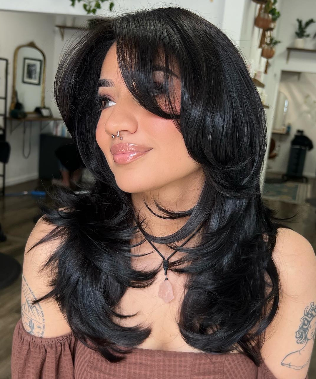 Butterfly Cut on Long Black Hair with Bang