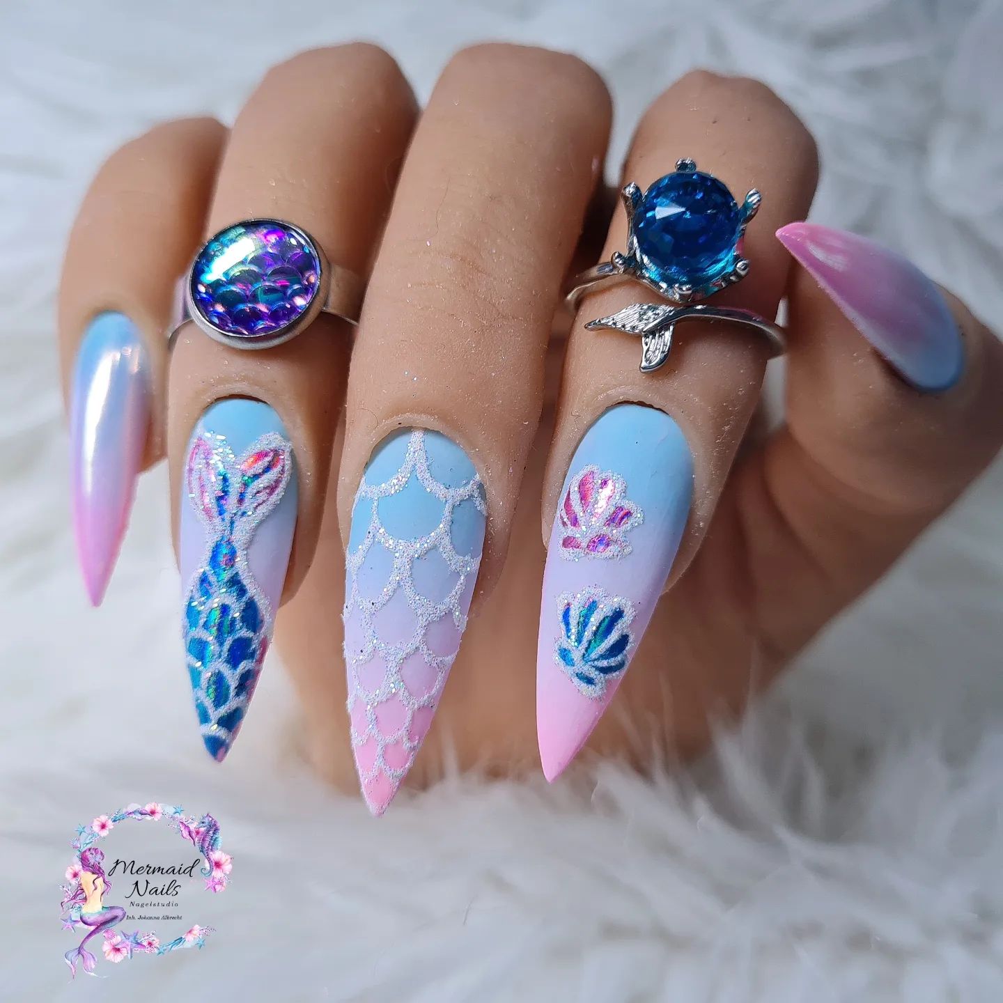 Long Blue-to-Pink Ombre Stiletto Nails with Mermaid Design