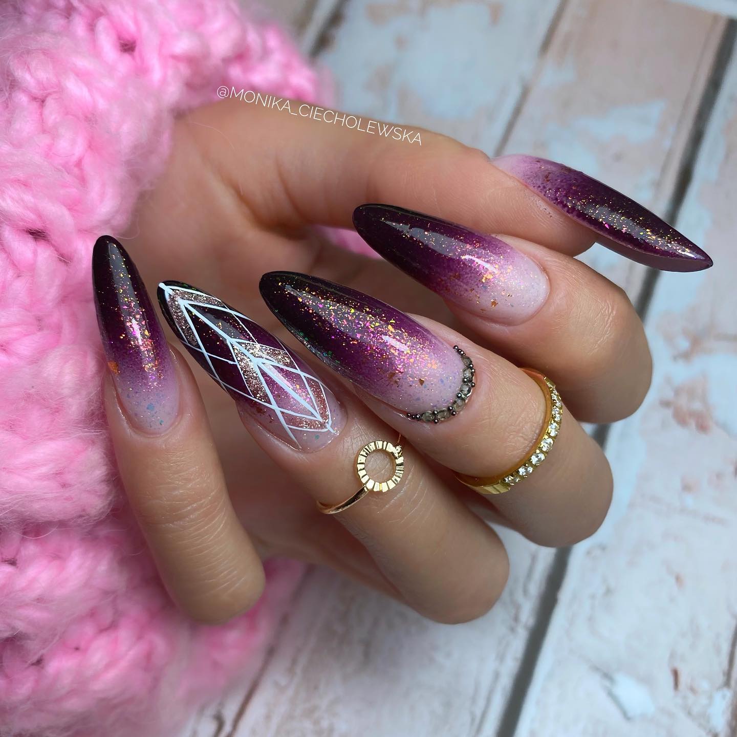 Long Ombre Burgundy Nails with White Lines and Glitter