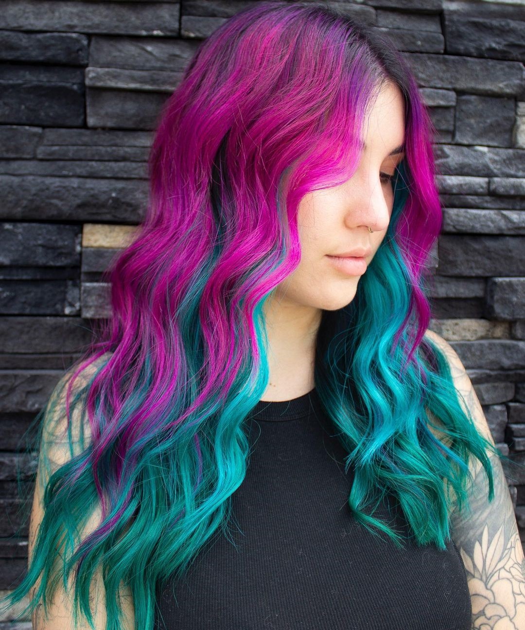 Long Pink and Green Hair
