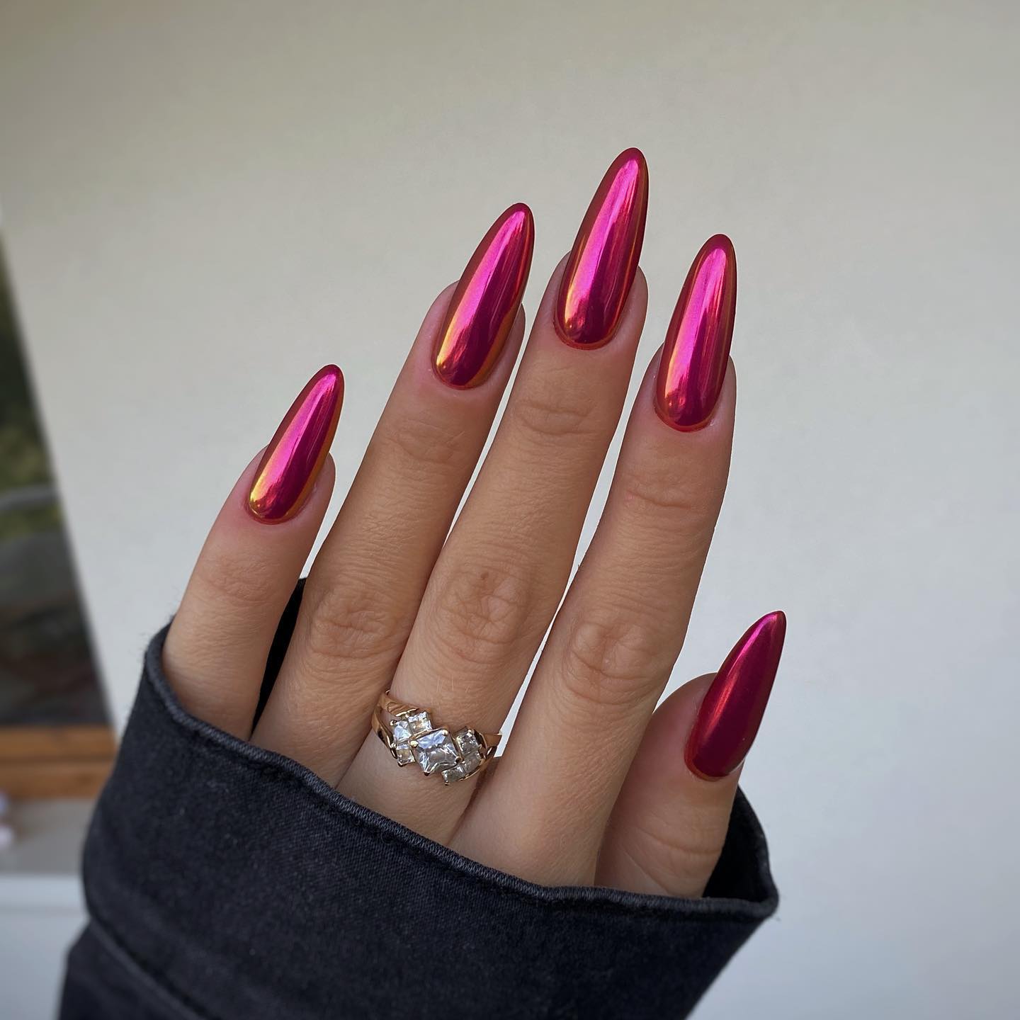 Long Round Red Chrome Nails