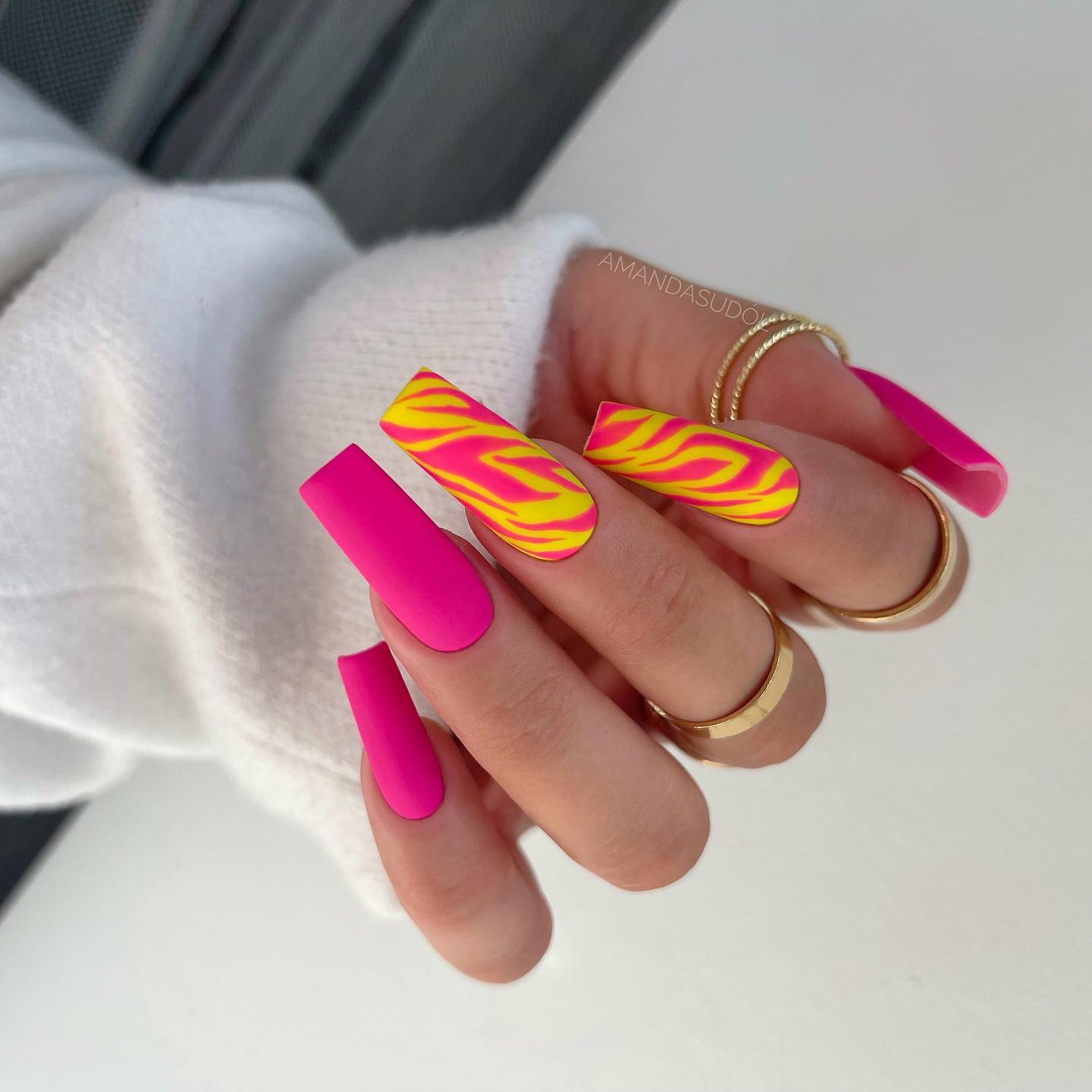 Long Square Pink Matte Nails with Zebra Print
