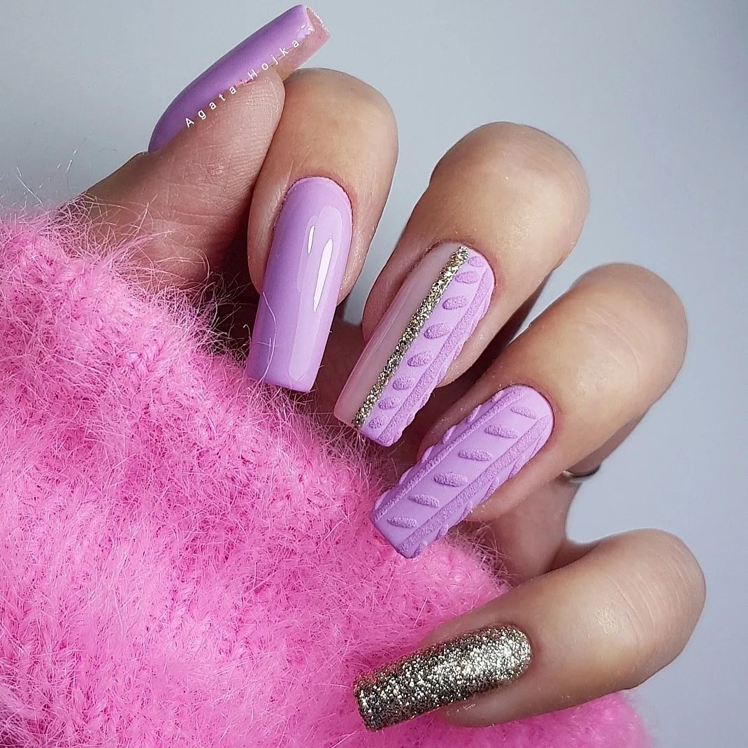 Long Square Purple Nails with Silver Glitter