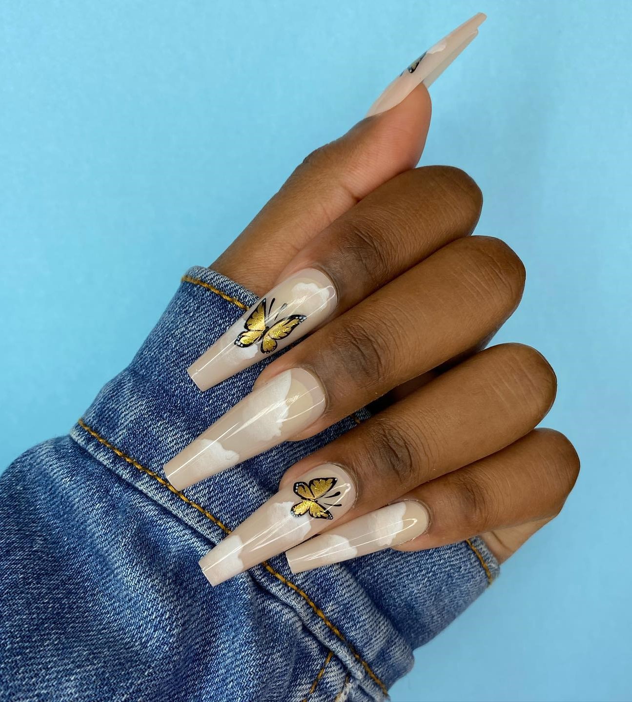 Nude Coffin Nails with Gold Butterfly Design