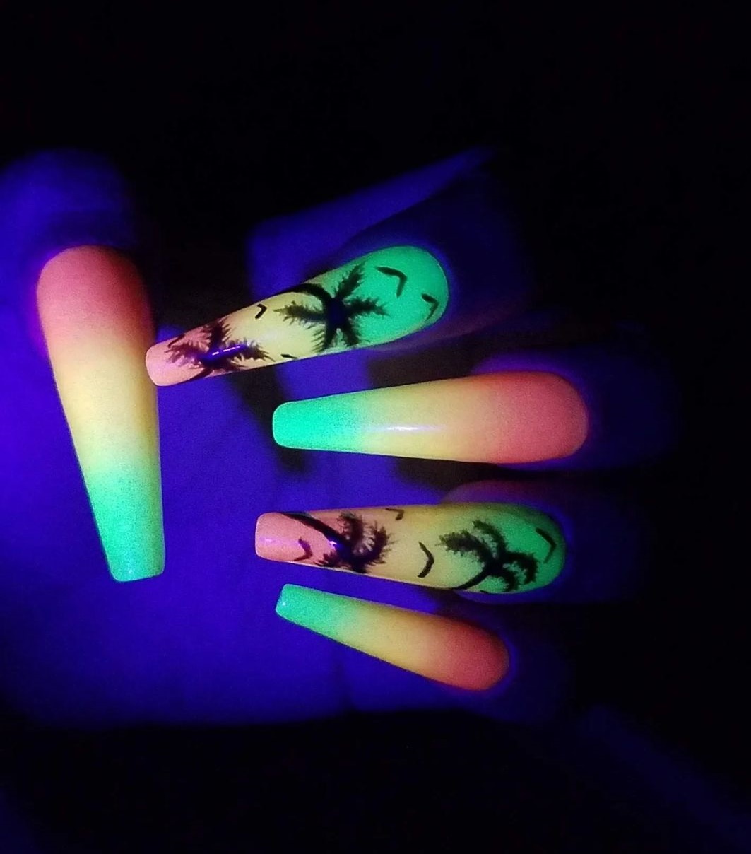 Ombre Glow in the Dark Nails with Palm Tree Design