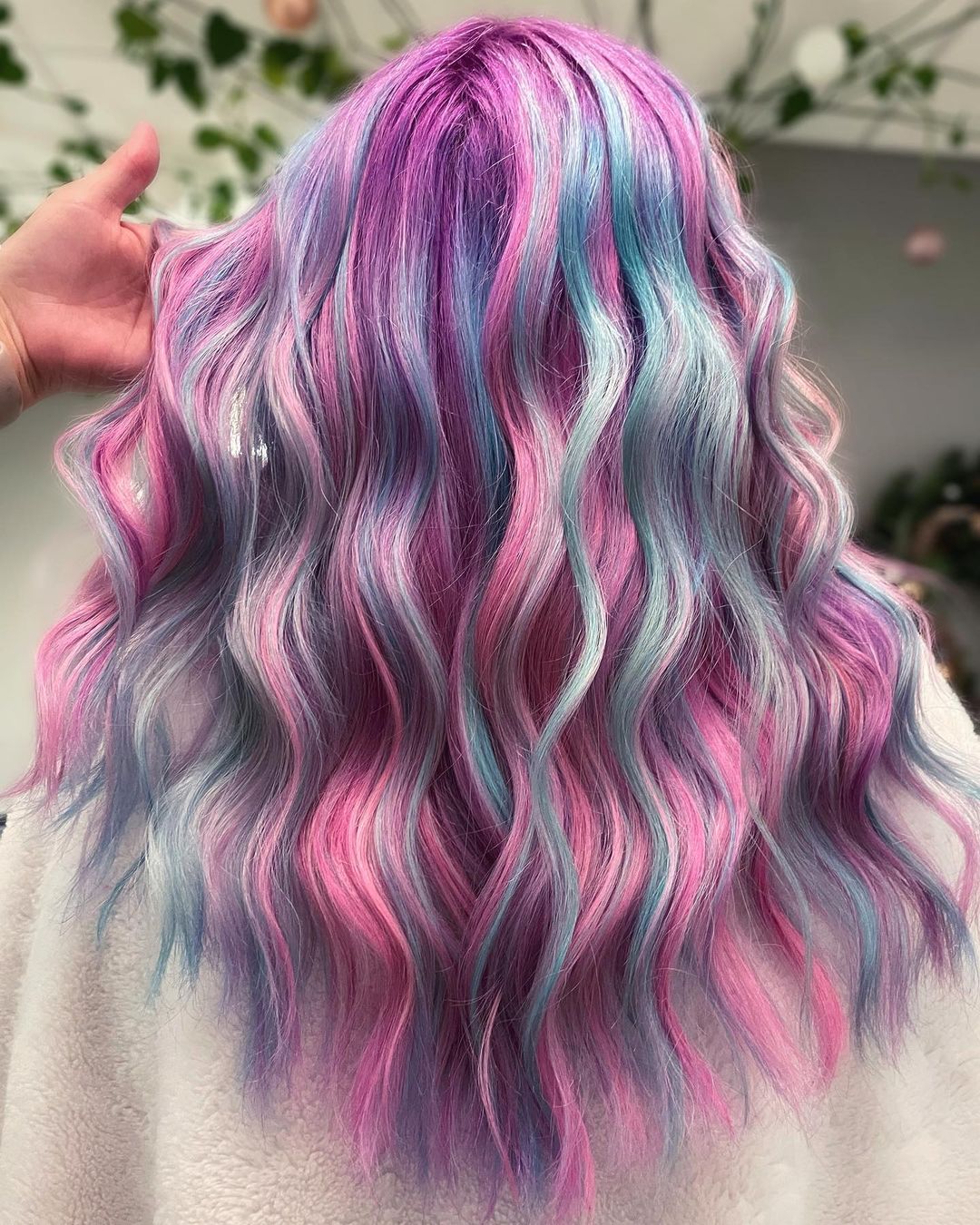 Pink and Blue Combo on Long Wavy Hair