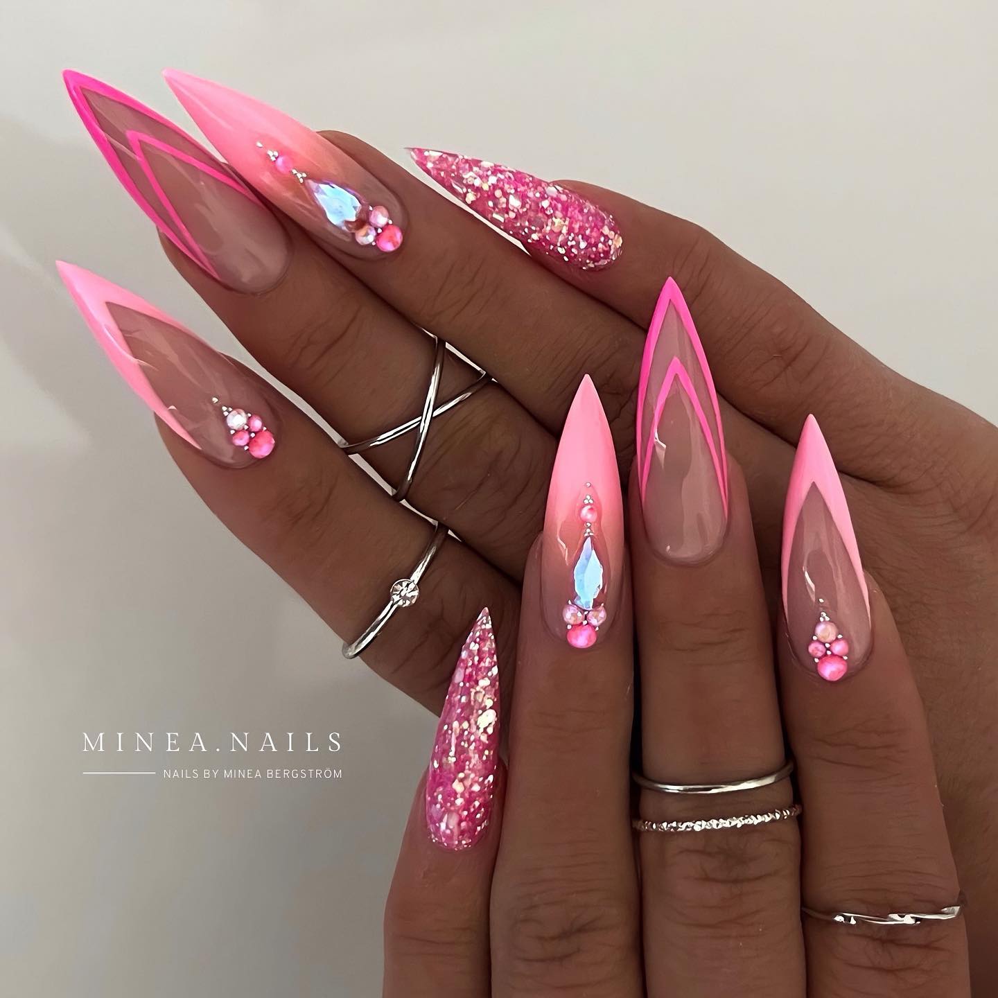 Pink Stiletto Nails with Glitter and Rhinestones
