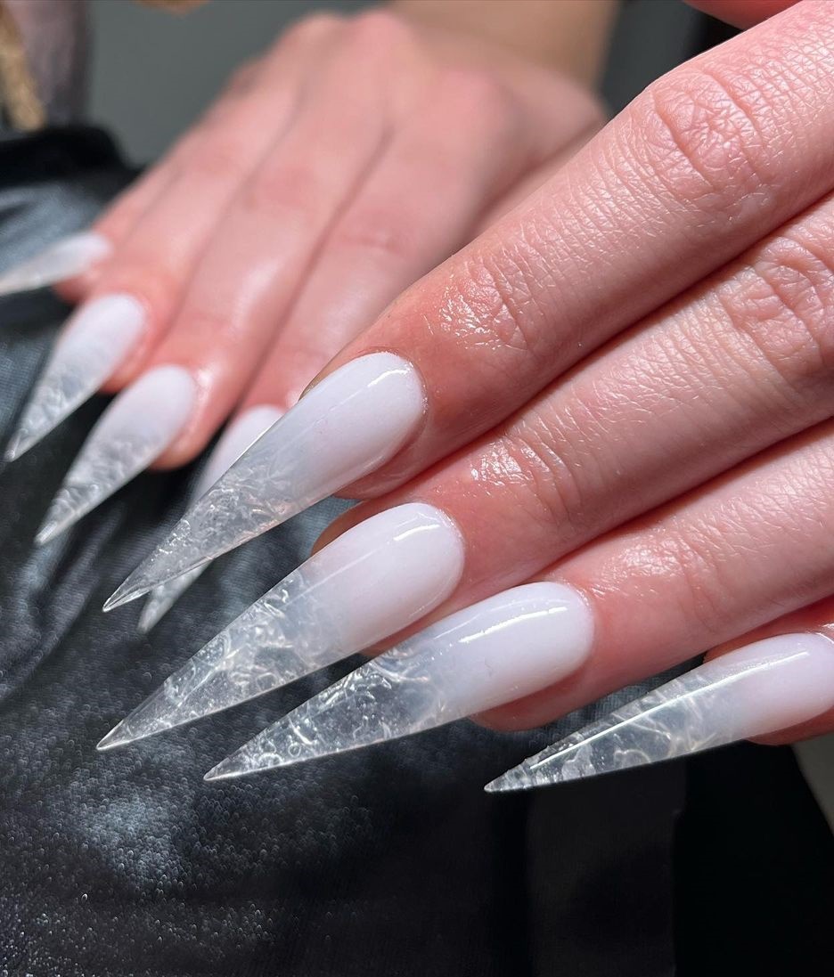Pointy Clear White Nails with Glitter