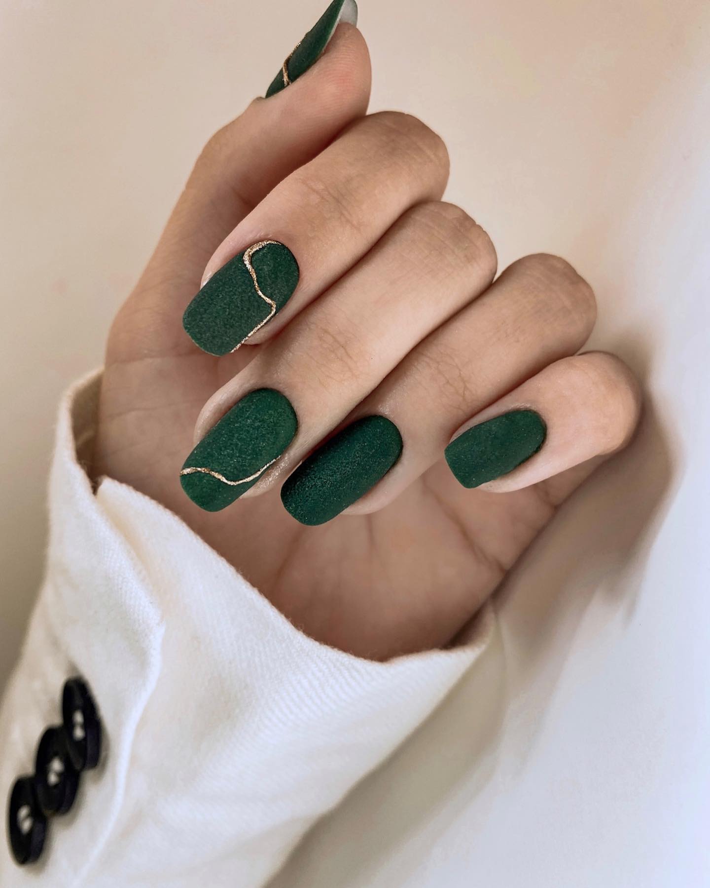 Short Square Dark Emerald Nails with Gold Lines