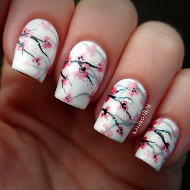 Short White Nails with Cherry Blossom Design
