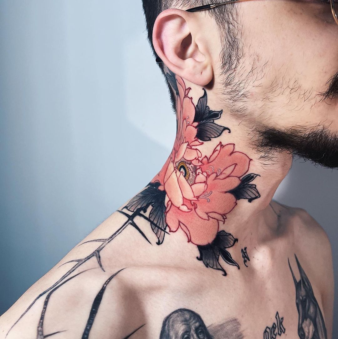 Side Neck Black and Red Floral Tattoo for Men