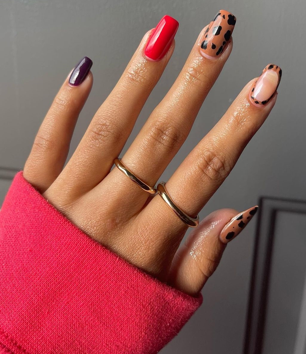 Square Nails with Dark Brown Cow Print Nail Design
