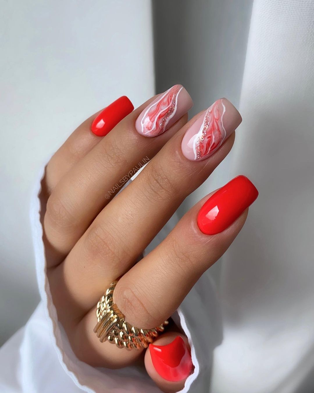 Square Red Marble Nails