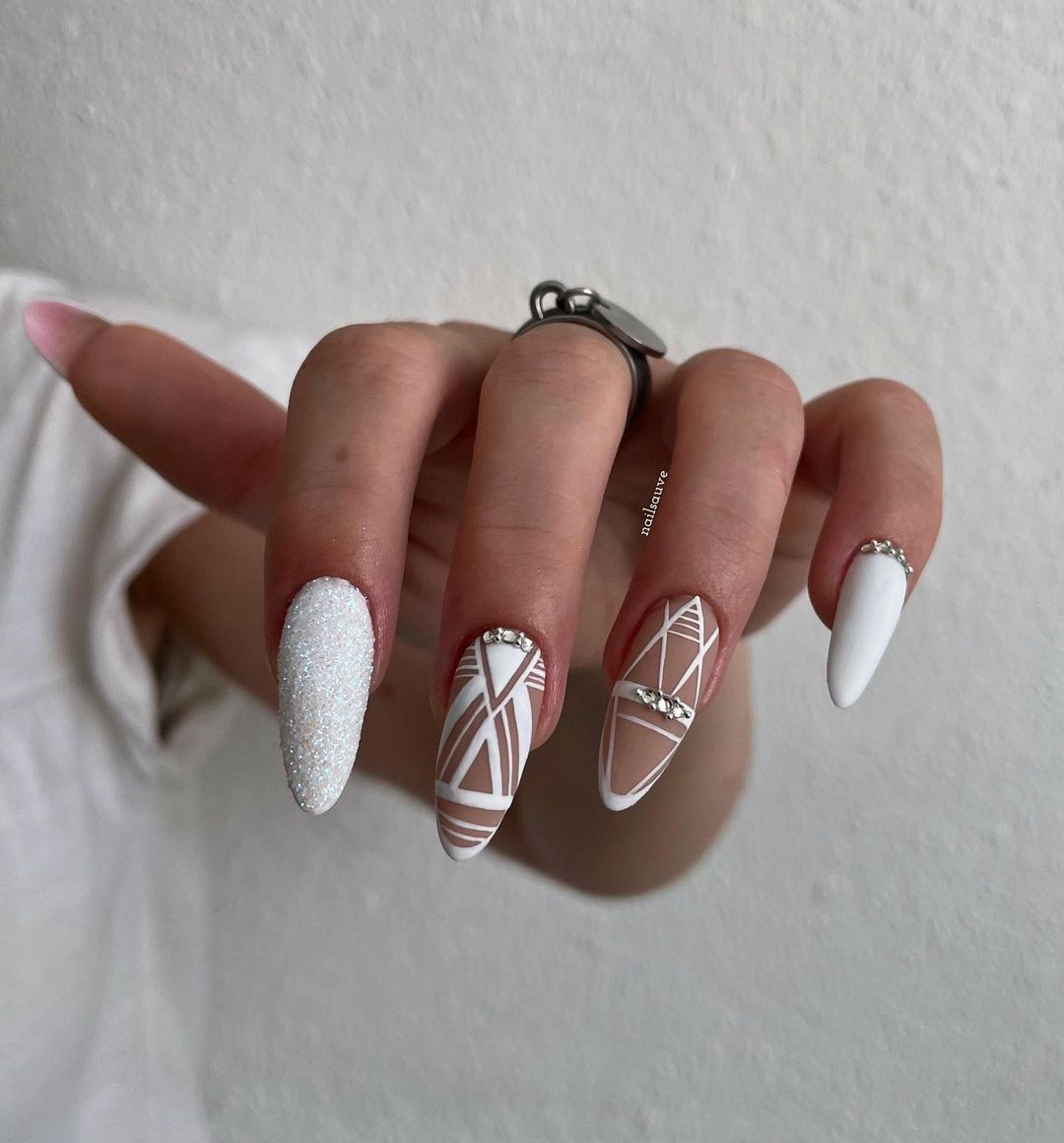 White Almond Nails with Abstract Lines