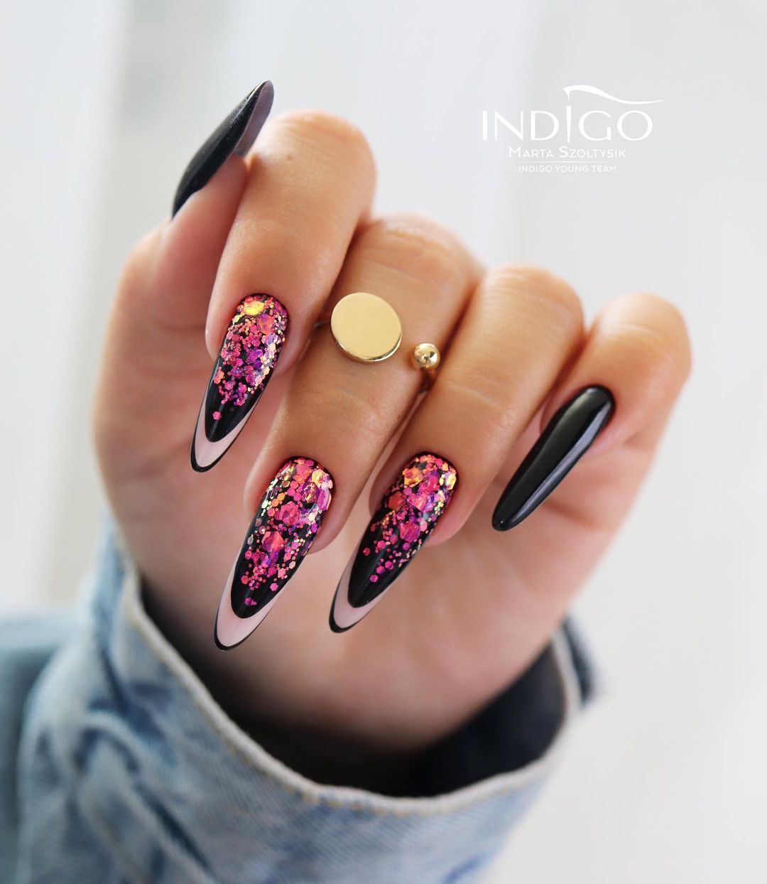 Black Long Almond Nails with Glitter