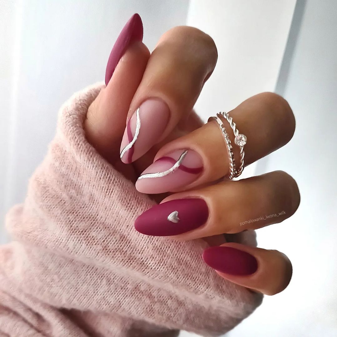 Burgundy Matte Nails with Silver Swirl