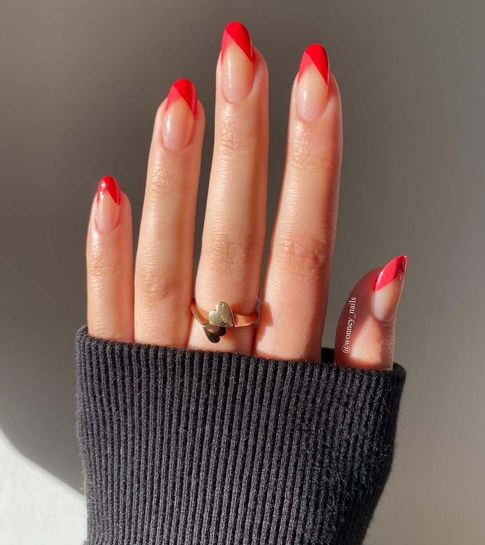 French Nails with Red Geometric Tips