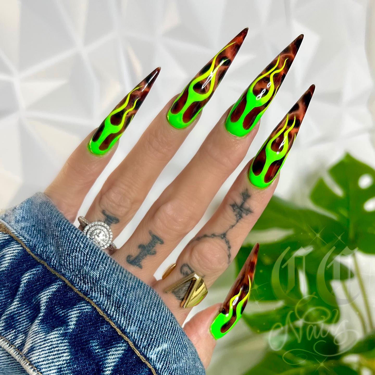 Long Stiletto Acrylic Nails with Flame Design