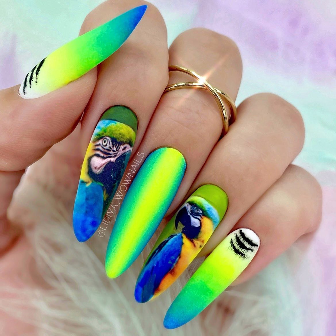 Neon Green Nails with Parrots