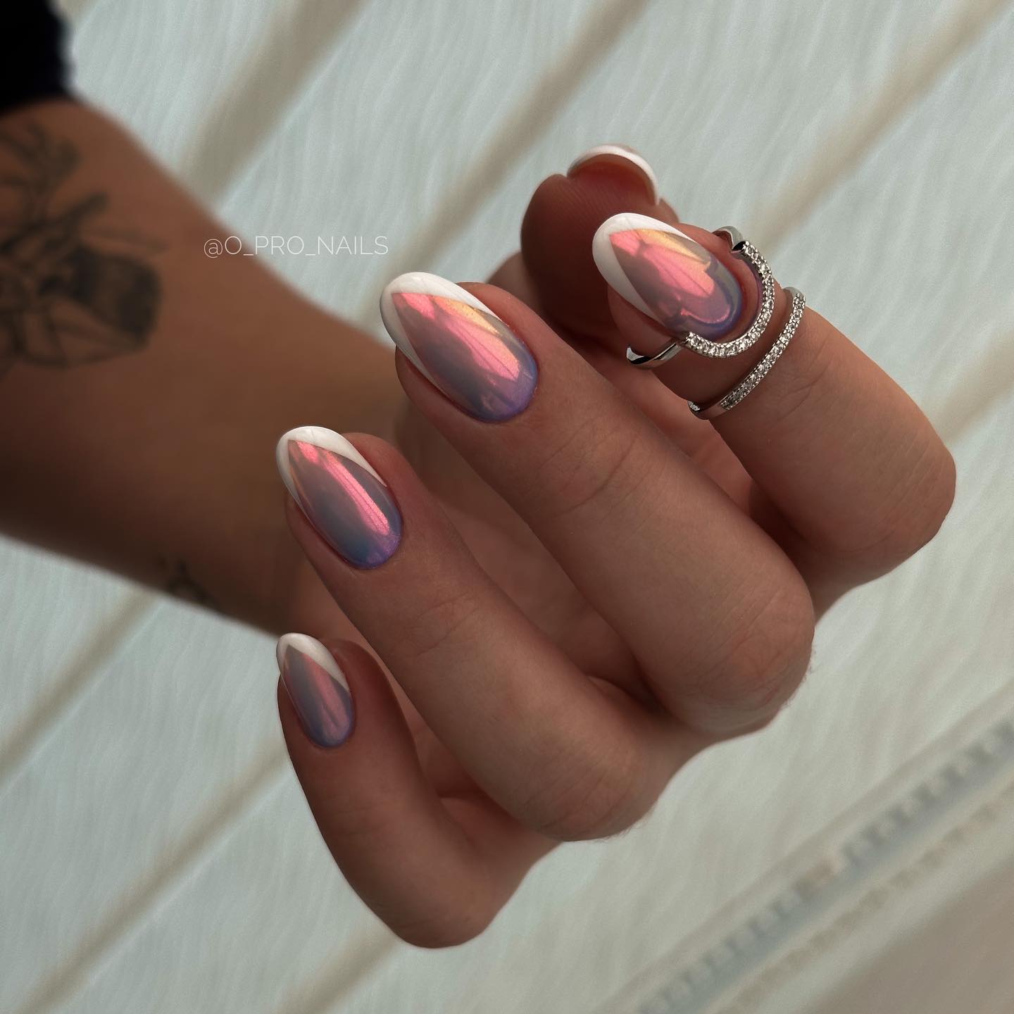 Oval Rose Gold Chrome Nails with White French Tips