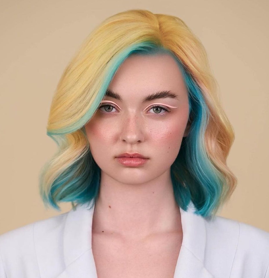 Pale Yellow Hair Color with Blue Highlights