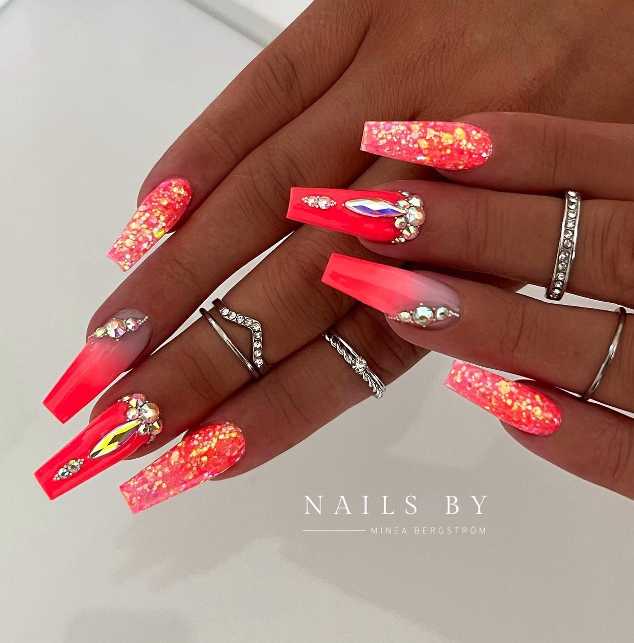 Red Coffin Nails with Gold Glitter