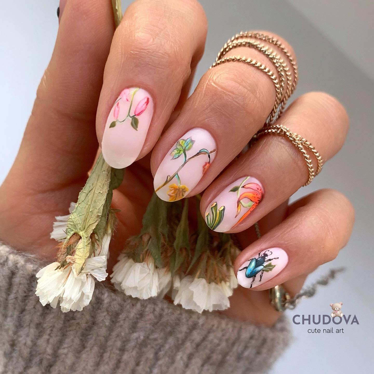 Short Nails with Floral Design