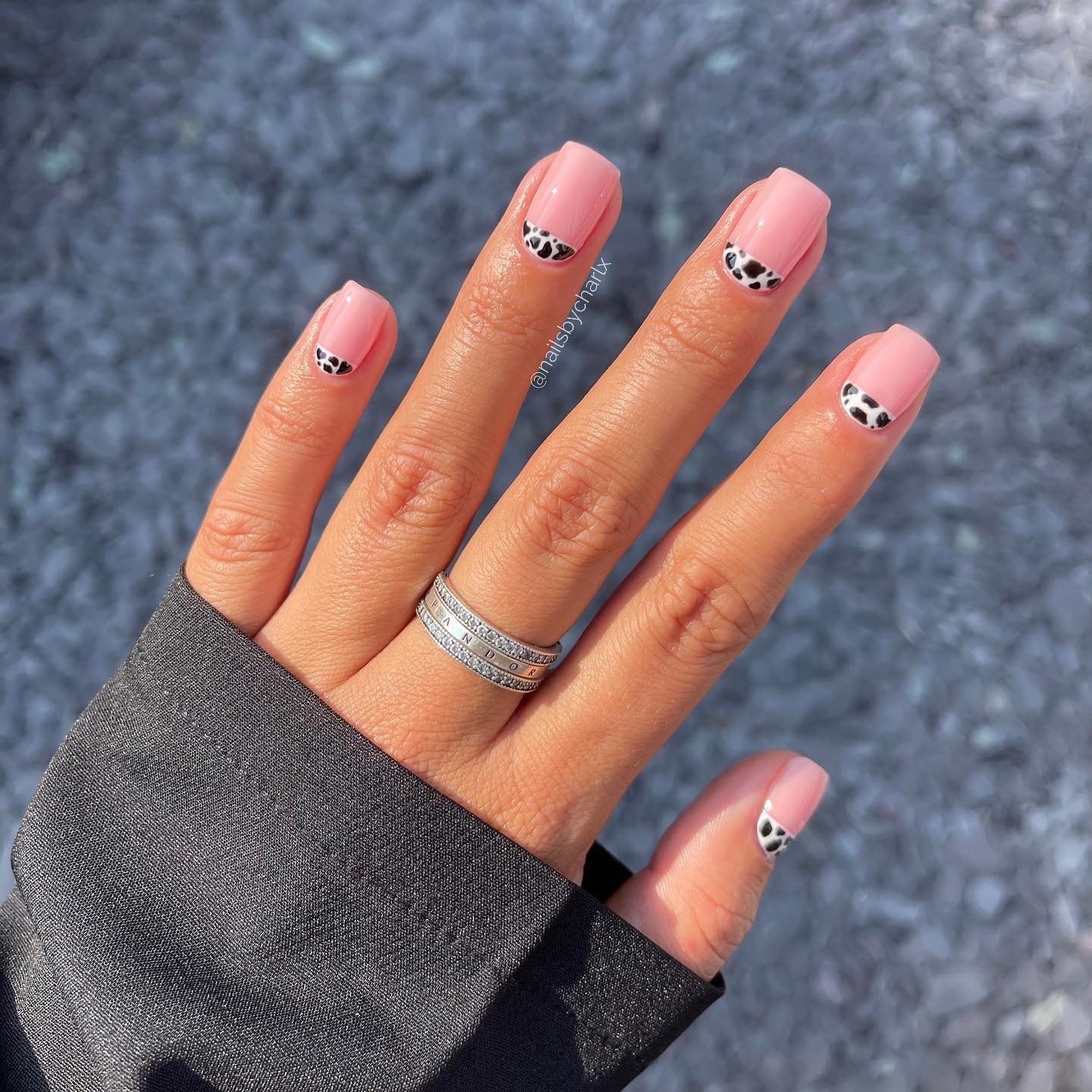 Short Square Pink Nails with Black and White Cow Print
