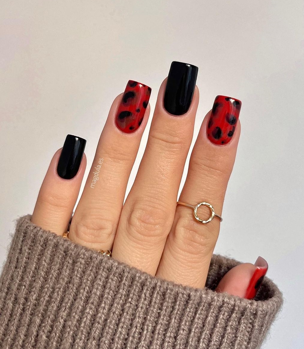 Square Red and Black Nail Design