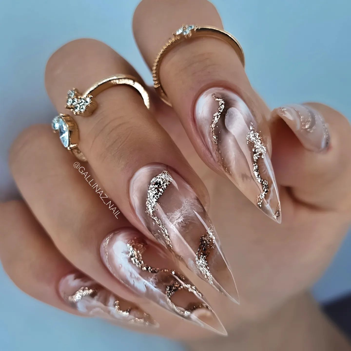 Stiletto Brown Marble Nails with Glitter