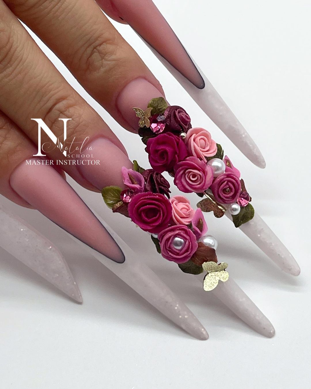 Acrylic Stiletto Nails with 3D Flowers Design