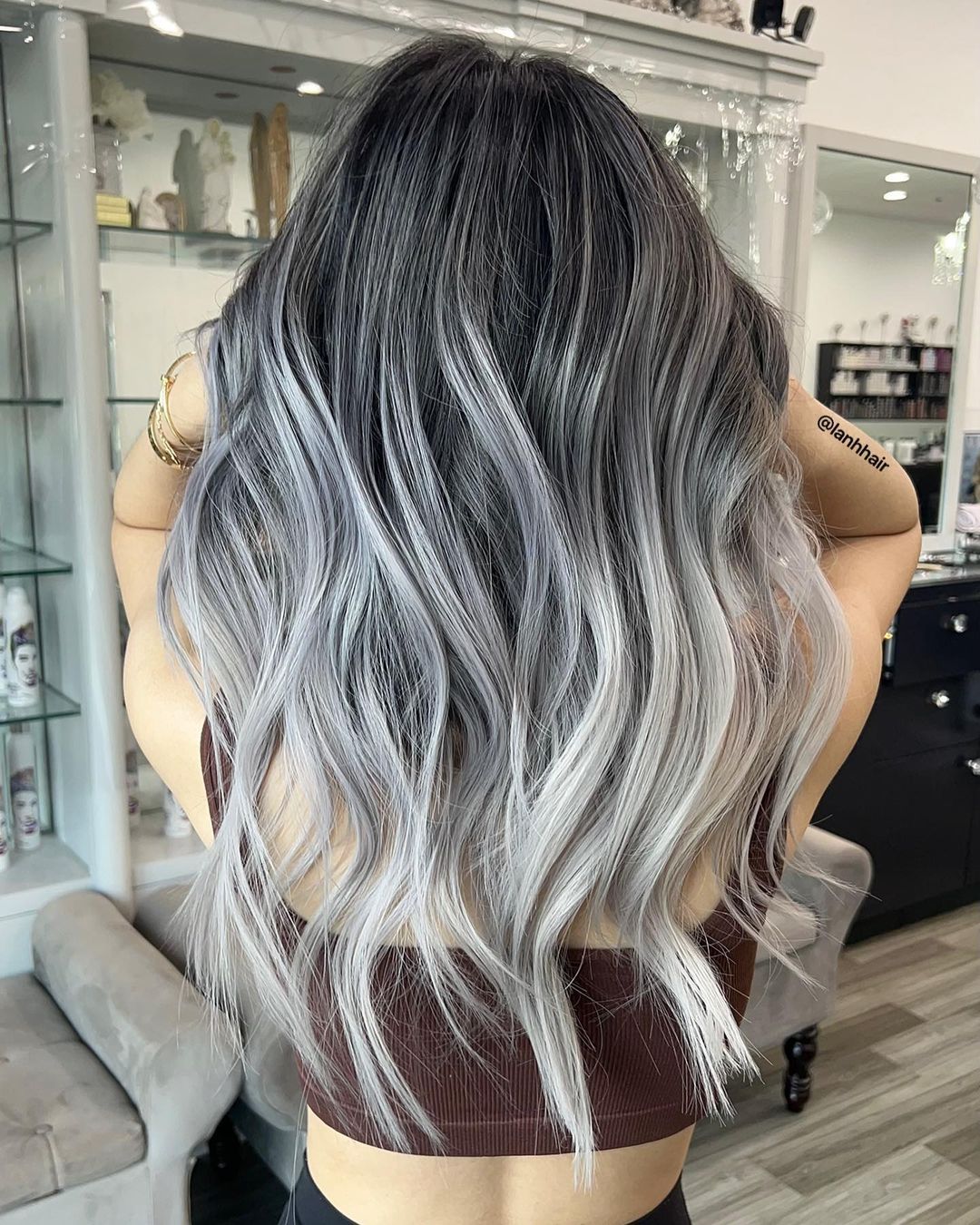 Long Black to Silver Ombre Hair