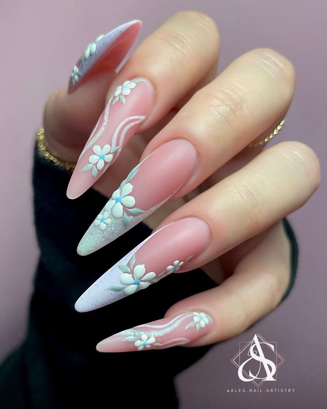 Long French Manicure with 3D Flowers