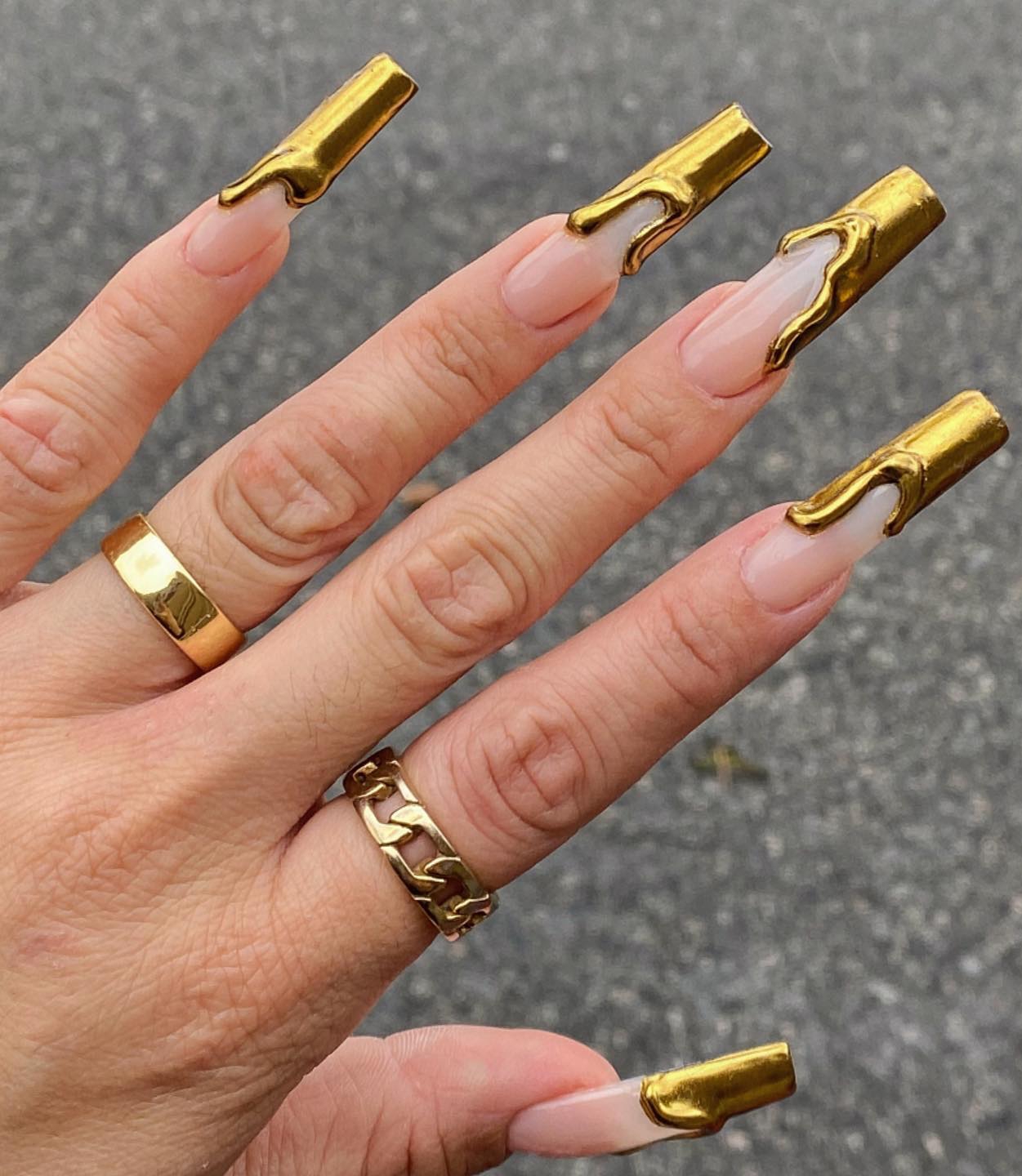Long Square Nails with Gold 3D Tips