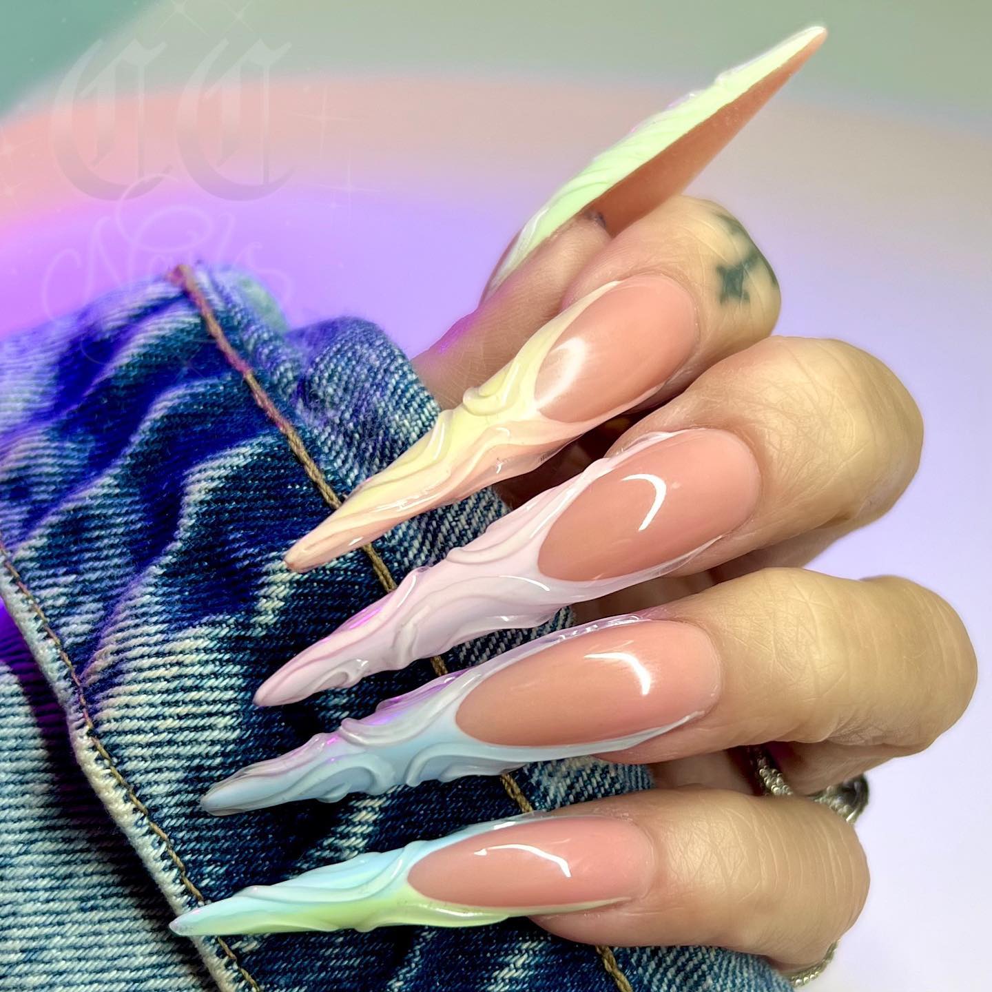 Long Stiletto French Nails with 3D Design
