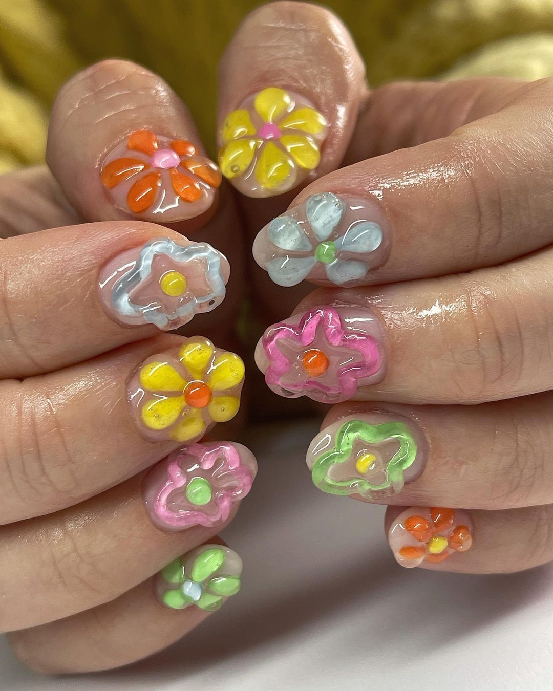 Short Glossy Nails with Colorful 3D Flowers
