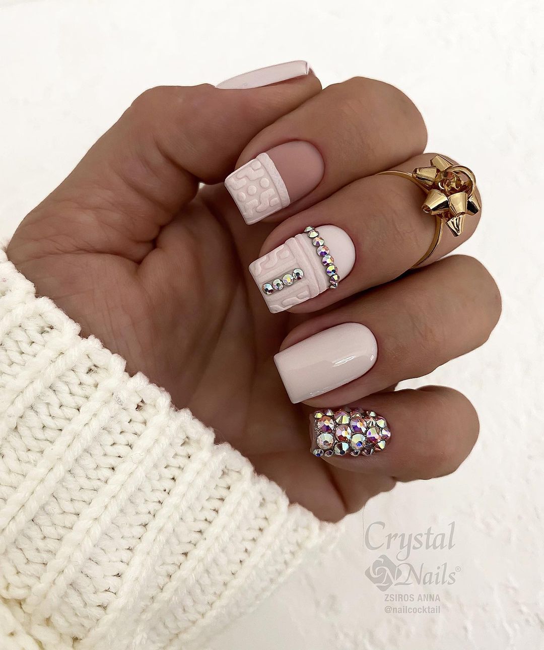 Short Pink Nails with 3D Design and Rhinestones