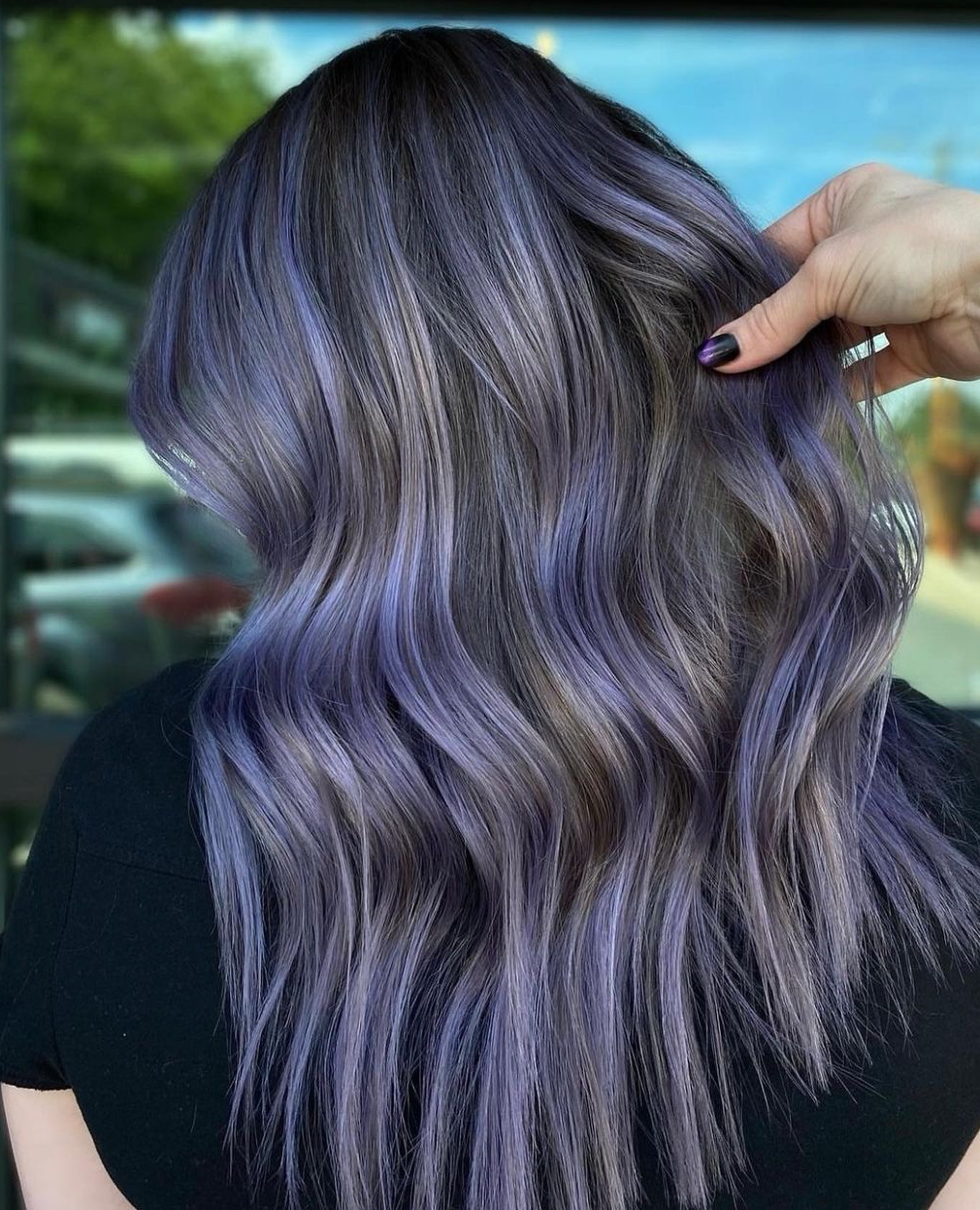 Silver Hair with Purple Highlights on Long Hair